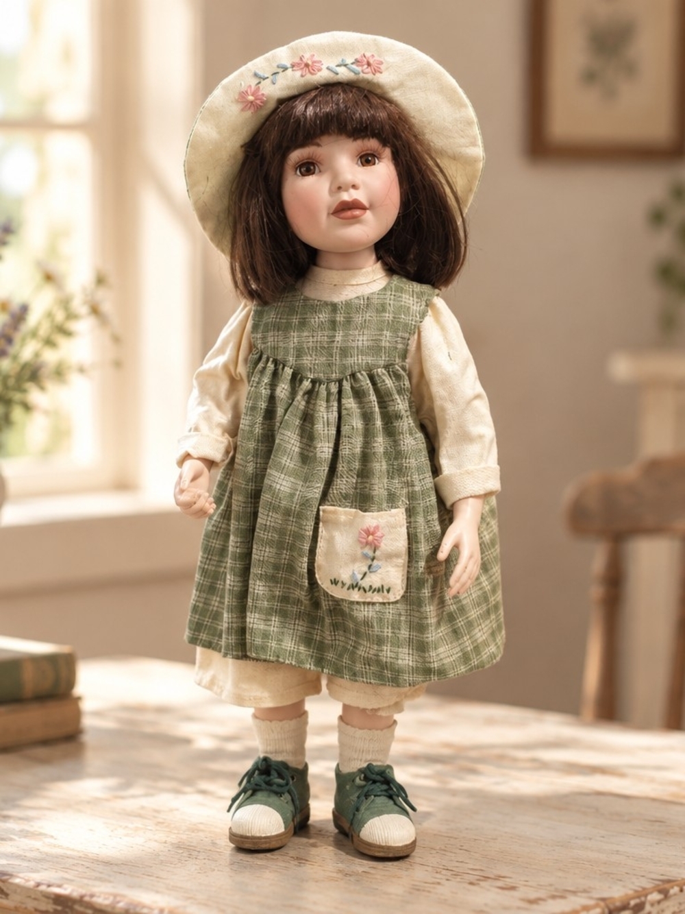 Boyds Bears Green Plaid Dress Doll with Cream Hat Molly